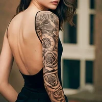 Large Full Arm Sleeve Waterproof Temporary Tattoo Sticker Clock Rose Flower Dove Bird Totem Fake Tatoo Body Art Men Women Leg 2