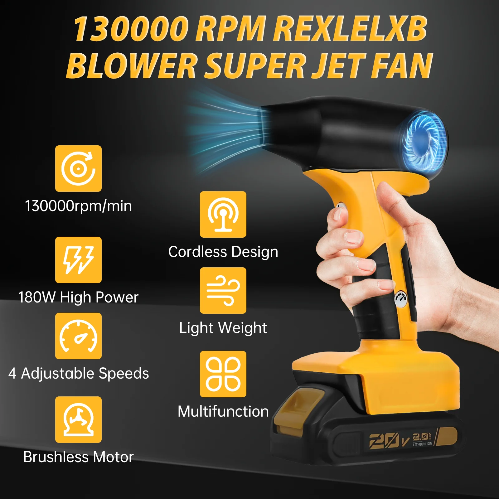 Jet Blower Brushless Violent Turbo Fan 130000RPM 4-Speed Control Wireless Handheld Fan For Dewalt 20V Battery (No Battery) 4