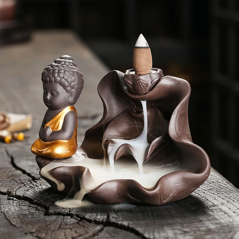 1pc The Buddha Ceramic Handicrafts Lotus for Home Ornaments Backflow Incense Burner Handmade Purple Clay Holder Without Incense