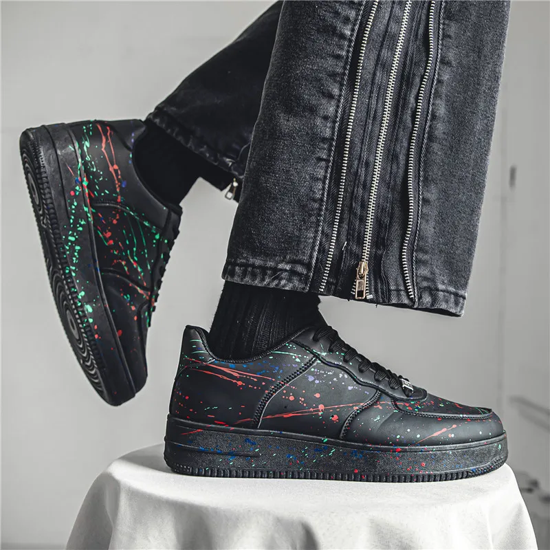 Casual Sneaker Leather Shoes Skateboard Round Toe Fashion Men\'s Casual Shoes Soft and Comfortable Non-slip Shoes Splash-ink