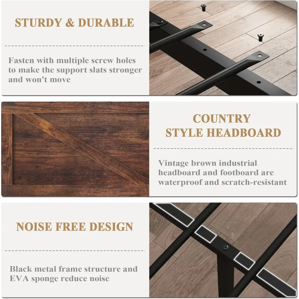 Led Bed Frame Queen/Full/King Size with Charging Station, Industrial Platform Bed Frame with Rustic Barn Door Wood Headboard 5