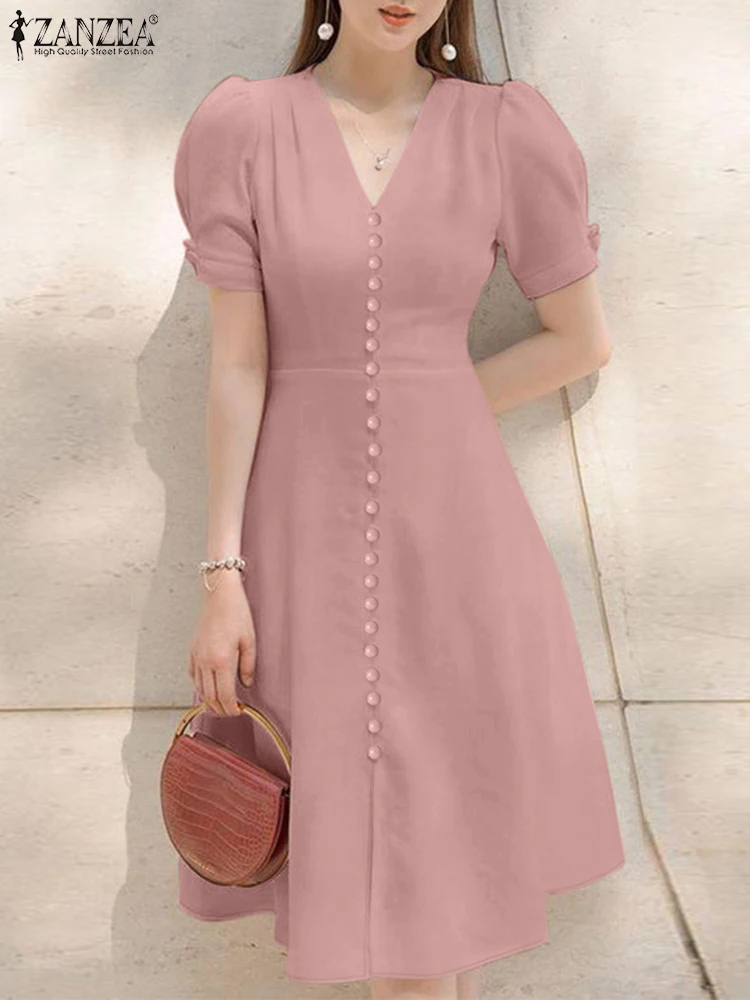 ZANZEA Women Short Puff Sleeve Midi Dress Elegant Classic V Neck Fitted ...