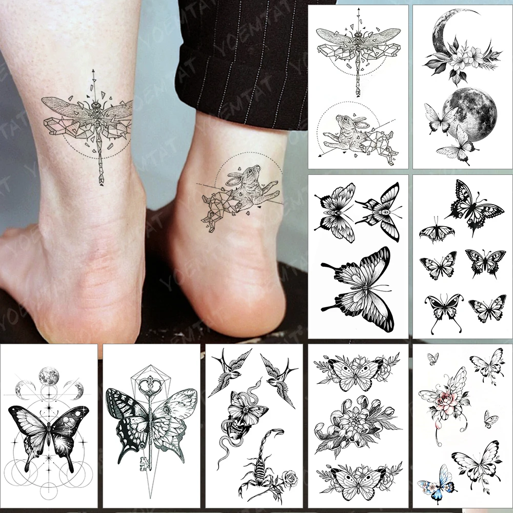 

Sexy Henna Geometric Dragonfly Wings Dotted Line Waterproof Temporary Tattoo Sticker Dark Line Arm Art Kids Women Fake Tattoos