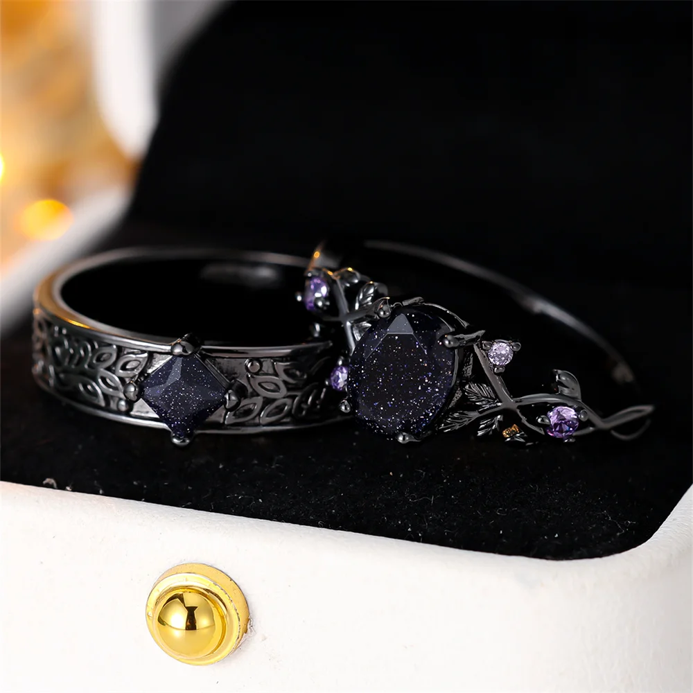 Purple Zircon Royal Blue Crystal Oval Stone Ring Sets For Women Black Metal Engagement Bands Wedding Jewelry Set Versatile Gifts
