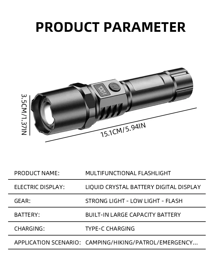 Description Picture 3 of itemSuper Bright White Laser Led Flashlight Tactical Torch with Power Display USB Rechargeable Camping Emergency Zoom Lantern