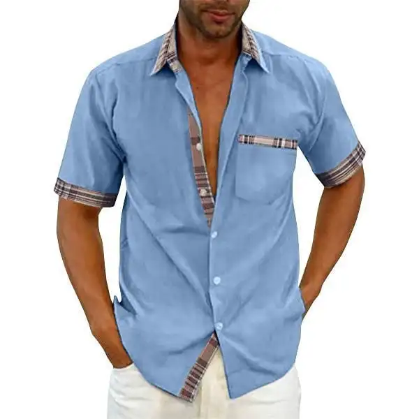 

Men's Casual Plaid Collar Button Summer Shirt men-s-top Light Blue