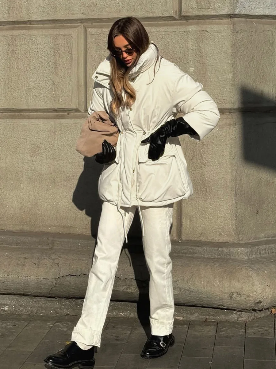 Bornladies Women's Trendy Warm Slim Fit Cotton Coat Drawstring Waist New Winter Fashion Cotton Outer Jacket