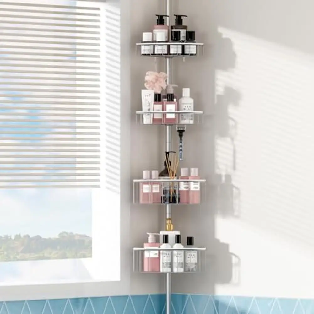 

Stainless Steel Corner Shower Caddy Tension Pole 4 Tier Adjustable Shelves Organizer Bathroom Bathtub Rustproof Secure Large