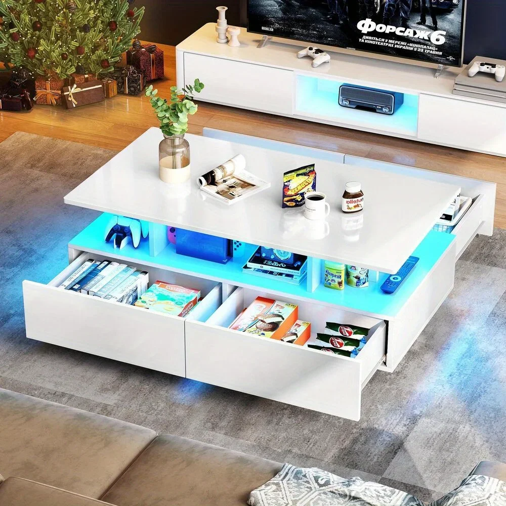 High Gloss Coffee Table Center Cocktail Table with LED Lights & Sliding Drawers