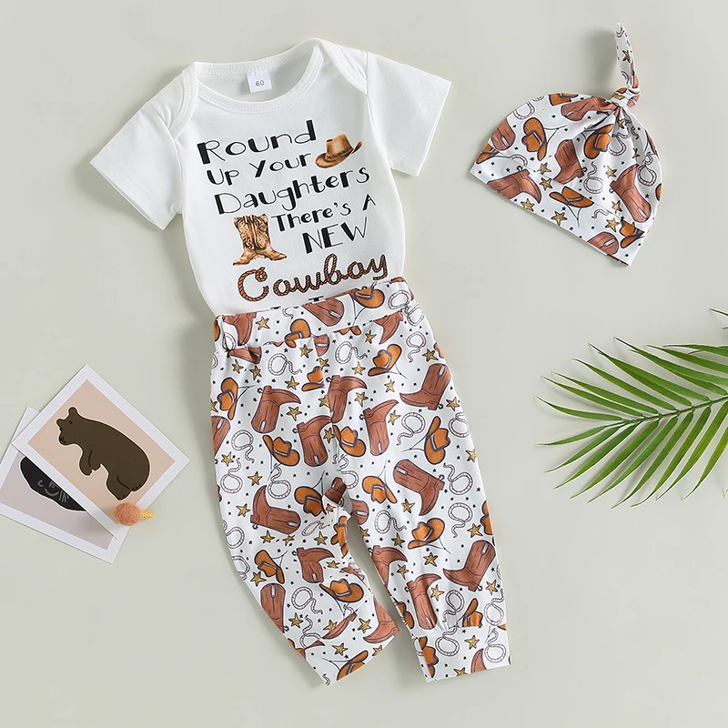 FOCUSNORM 0-18M Infant Boys Summer Clothes Sets 3pcs Letter Print Short Sleeve Romper Cow Head/Boots Pants Hat