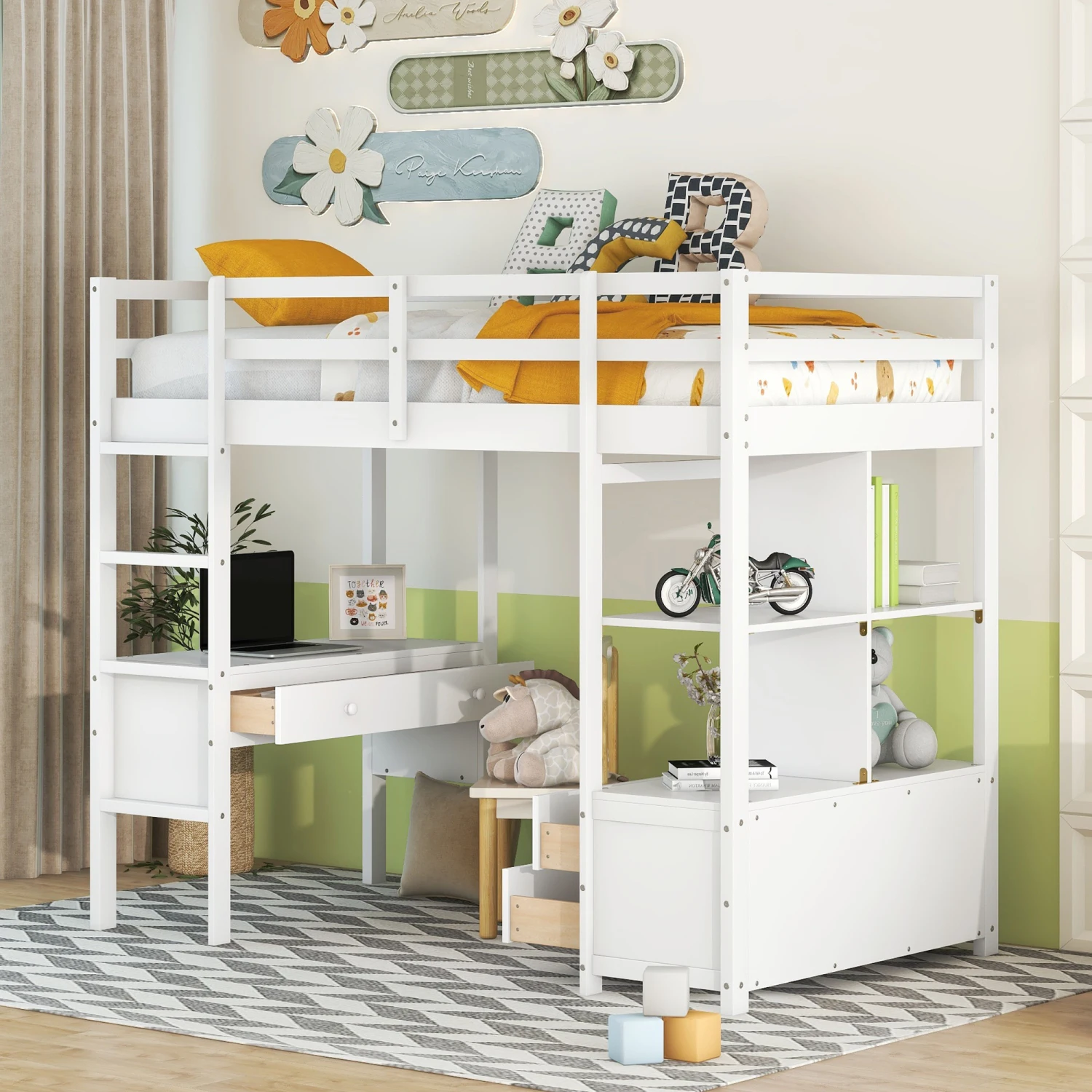 Twin Size Loft Bed with Built-in Desk with Two Drawers, and Storage Shelves and Drawers,White 2