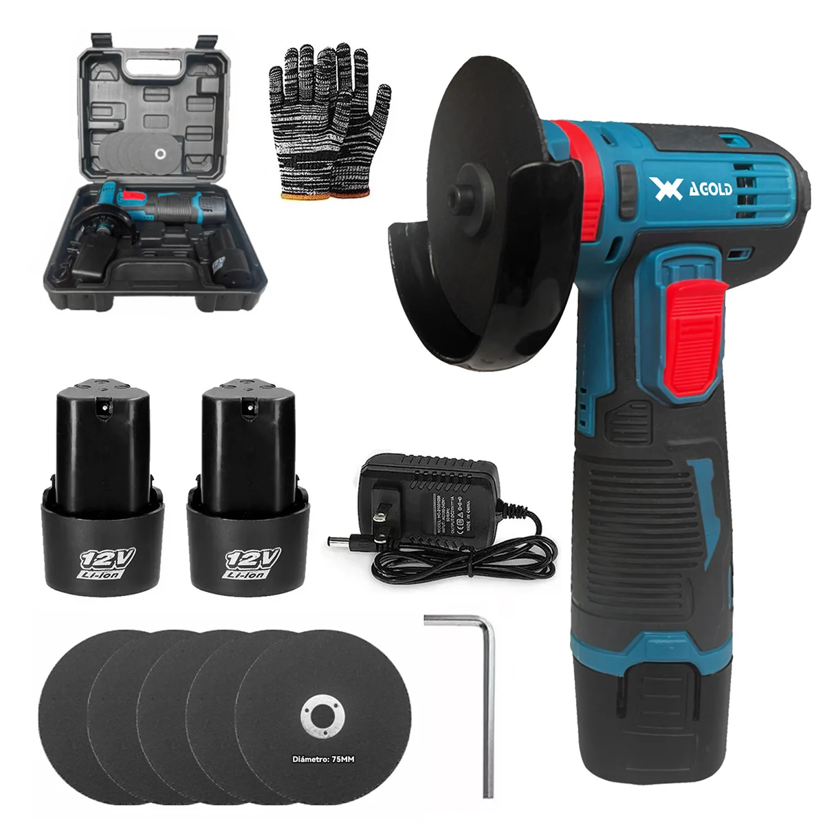 Mini amoladora angular inalámbrica, incluye conjunto con disco abrasivo, guantes y caja de herramientas, con dos baterías