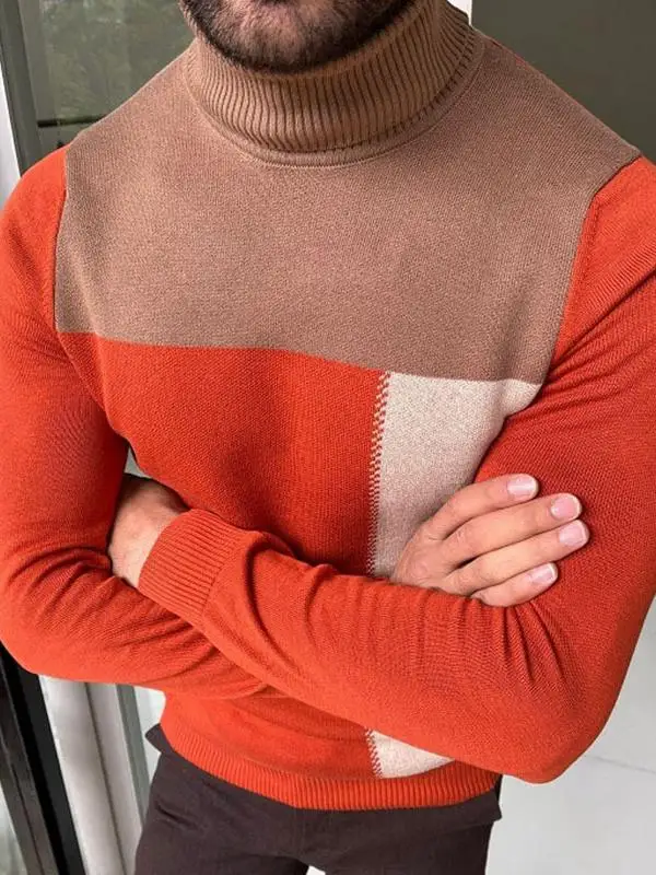 

2024 High Neck Knitted Bottom Sweater With Contrasting Colors Winter Long Sleeved Top Men's Knitwear