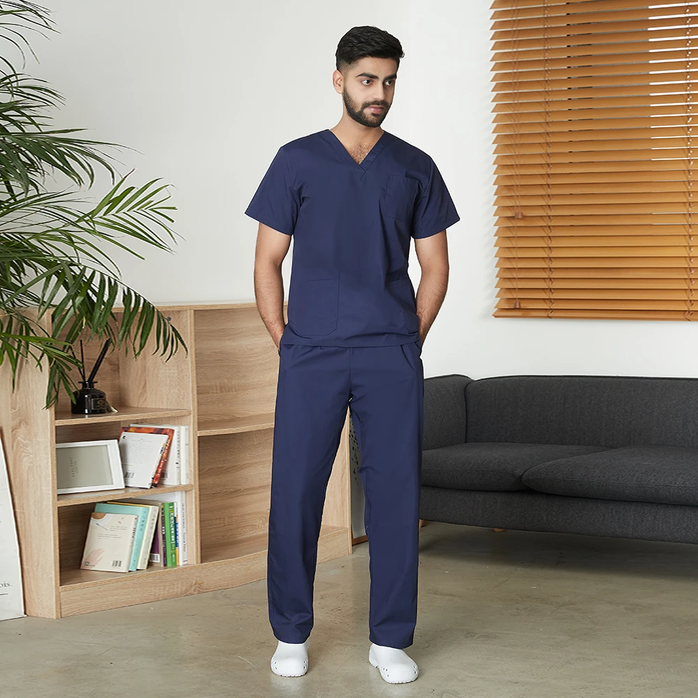 Medical Uniform Hospital Scrubs Set Men Short Sleeve Classic V-neck Top and Pants Nursing Doctor Clothing Surgery Workwear Pet Doctor