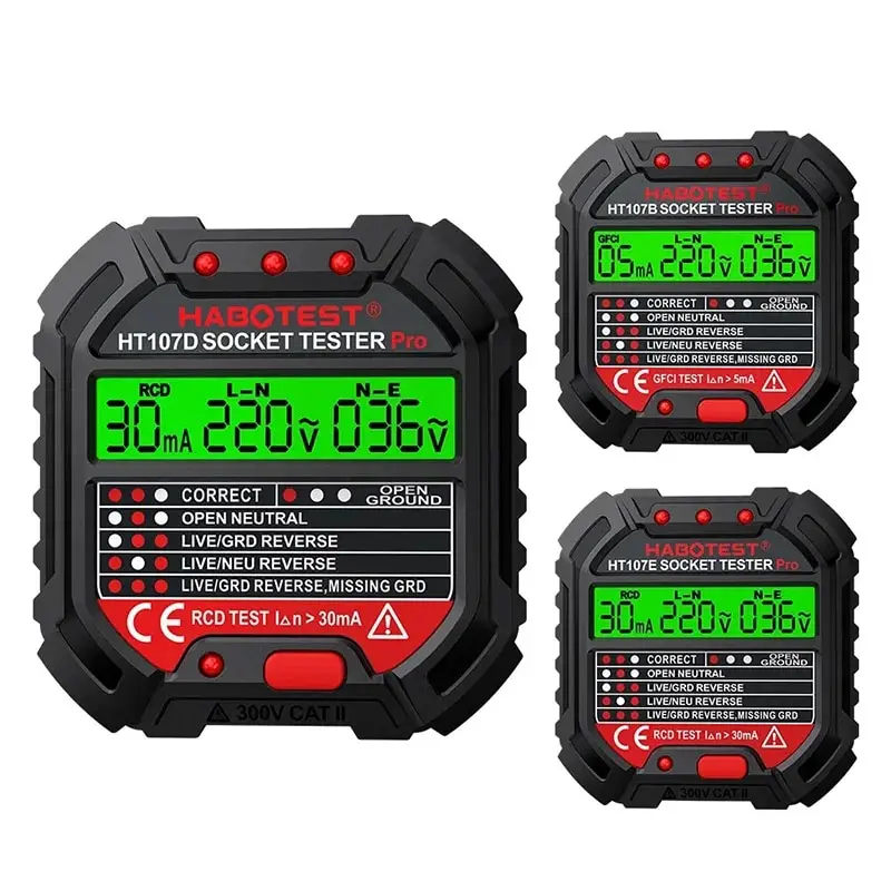 HABOTEST HT107 Pro Socket Tester Voltage Test Socket Detector EU Plug Ground Zero Line Plug Polarity Phase Check