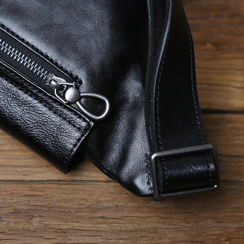 NZPJ Genuine Leather Men's Chest Bag Leisure Top Layer Cowhider Messenger Bag Black Tablet Computer Bag  For 8-Inch IPad