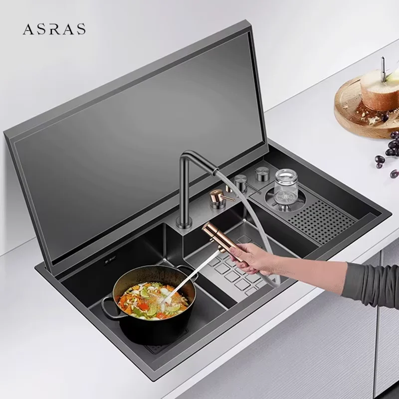 8850 Hidden Cup Rinser Kitchen Sinks Nanometer Flip Cover Large Size 304 Stainless Steel 4mm Thickness Stepped kitchen Sinks