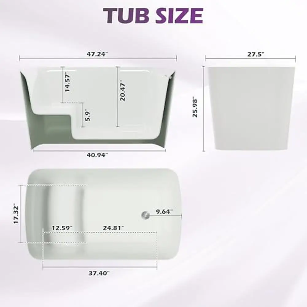 Lucite Acrylic Freestanding Bathtub 47" with Seat Design Japanese Soaking Tub Chrome Drain Slotted Overflow Easy Installation & 5