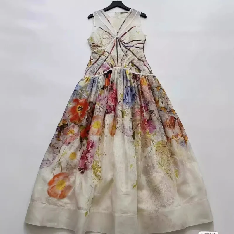 

2024Australian NicheZIMColorful Broken Flower Strap French-Style Elegant Lace-up Waist-Tight Dress