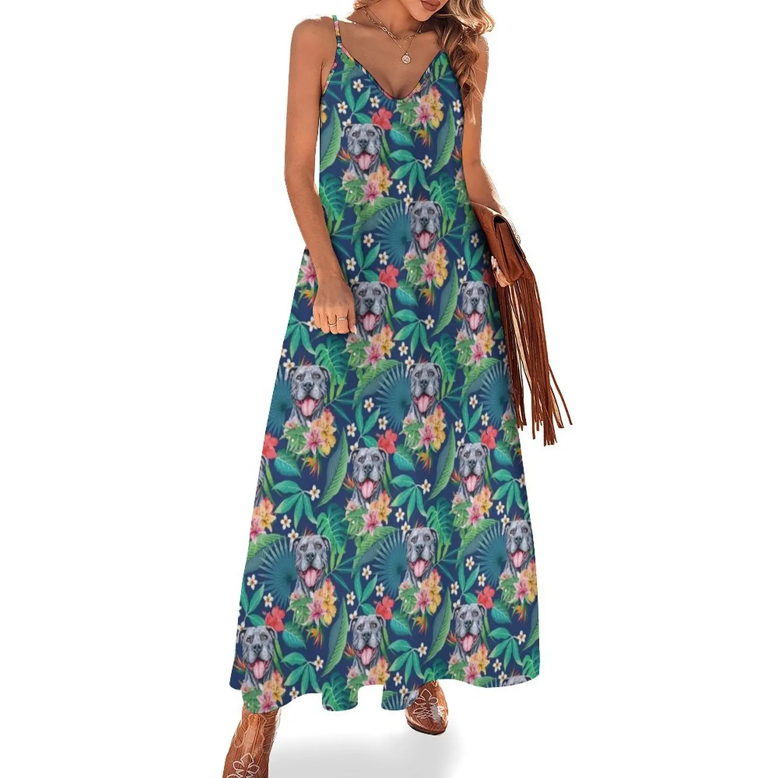 

Tropical Gray Pit Bull Pitbull Sleeveless Dress Long dress woman dress summer Women's summer