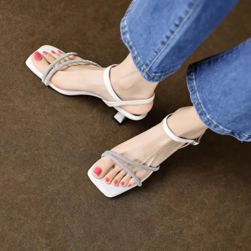 Summer Shoes Woman 2024 Trend Square Ankle Women's Sandals Strap Thin High Heels Buckle Strap Narrow Band Ladies Heels Women