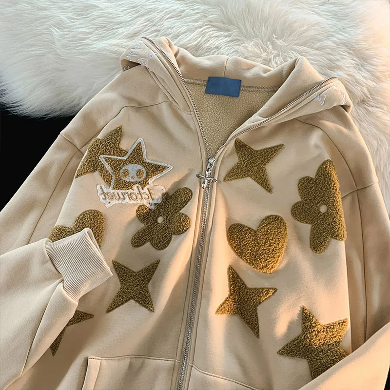 CGC Autumn Winter Plus Velvet Women Zip-Up Hoodies Letter Embroidery Thicken Sweatshirts Korean Fashion Oversized y2k Hoodie