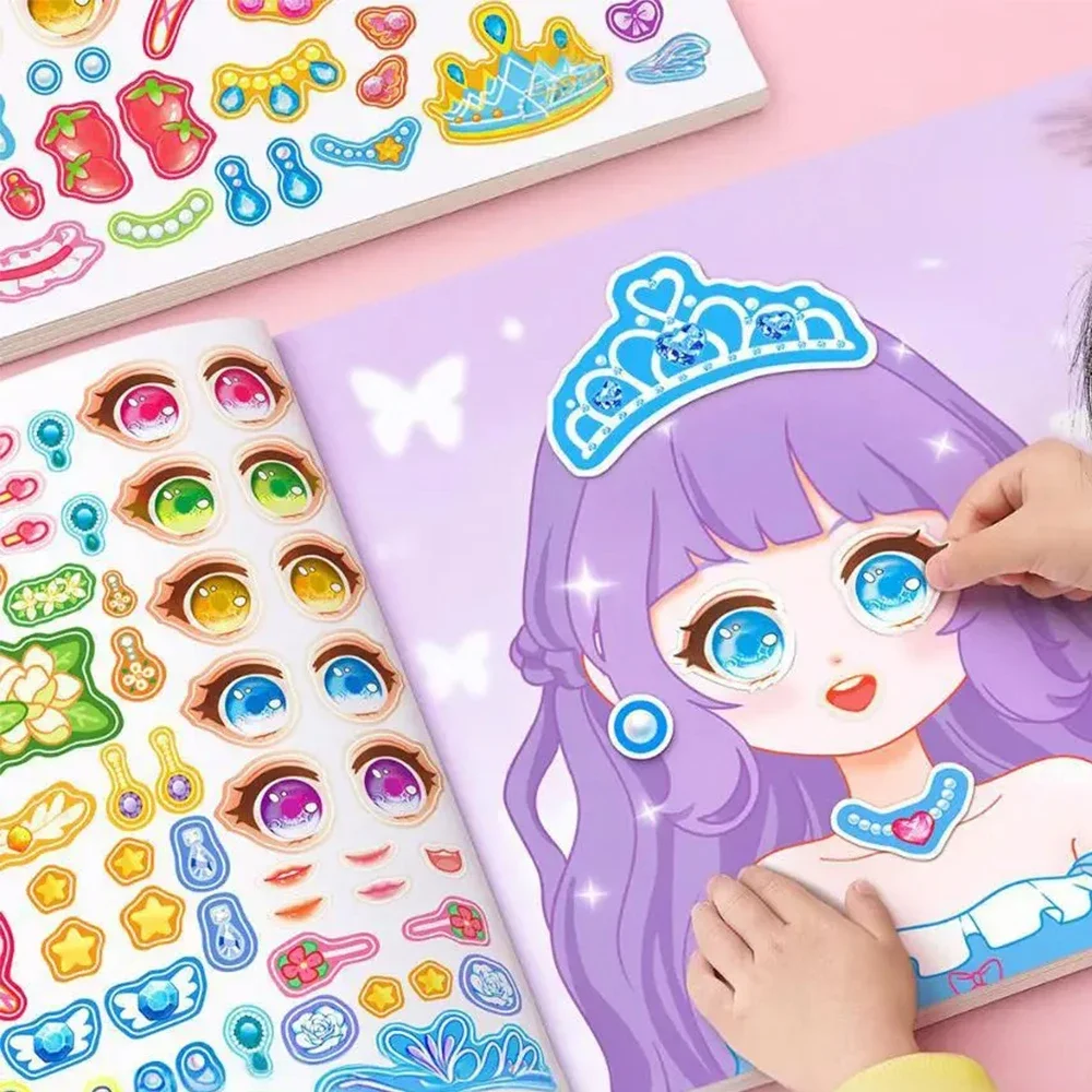 1 ensemble d'autocollants de puzzle réutilisables pour filles, autocollants de princesse de dessin animé, faire un visage, artisanat, autocollants créatifs pour enfants