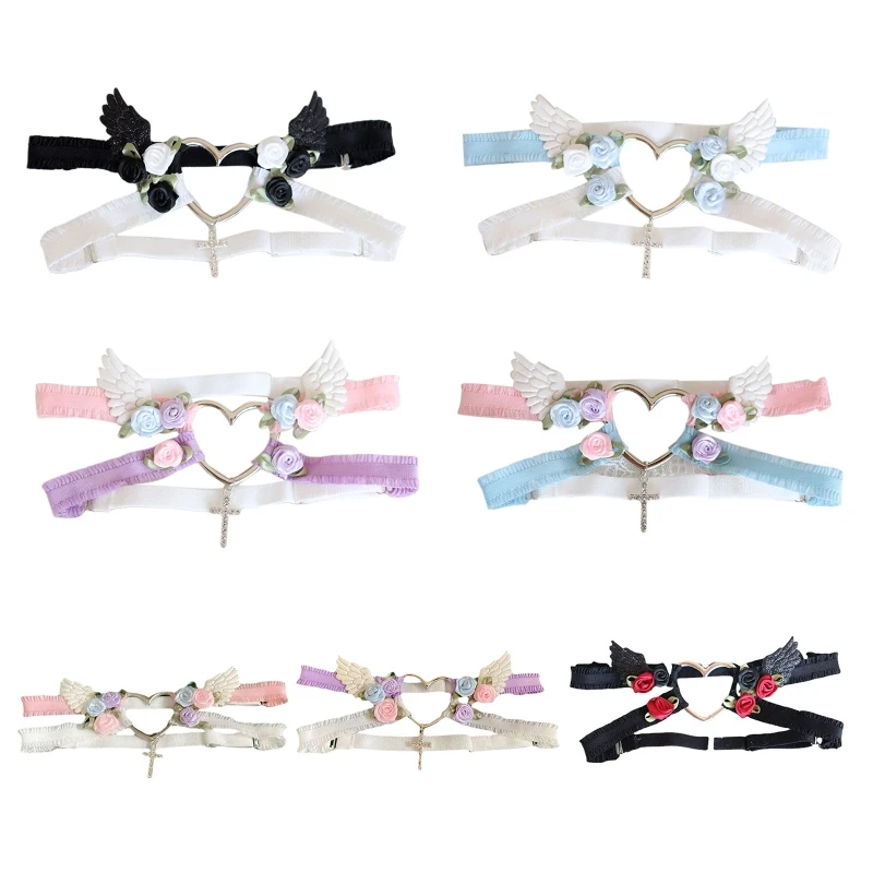 

Sweet Lolita Love Heart Thigh Harness Japanese Anime Role-Playing Leg Ring with Wings Flower Design for Garter Belt