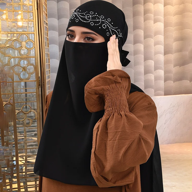 Muslim Headwear Head Scarf Hijab Headscarf Shawl Scarf Female Head Wraps Black Chiffon Scarf Niqab Face Cover Shiny Rhinestone Fashion Wave Diamond Muslim Ramadan Prayer Tie Khimar Chiffon Face Mask
