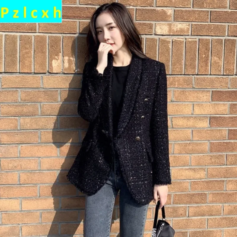 

Thicken Suit Jacket Female Spring Autumn 2023 New British Style Black Waist Slimming Senior Woolen Coat Luxurious Fashion