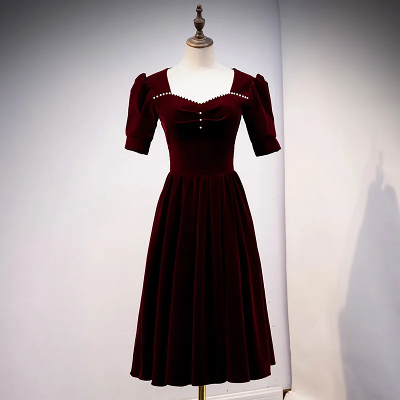 evening-dress-burgundy-pearls-square-collar-tea-length-short-sleeves-a-line-elegant-velour-new-party-formal-dresses-woman-b1589