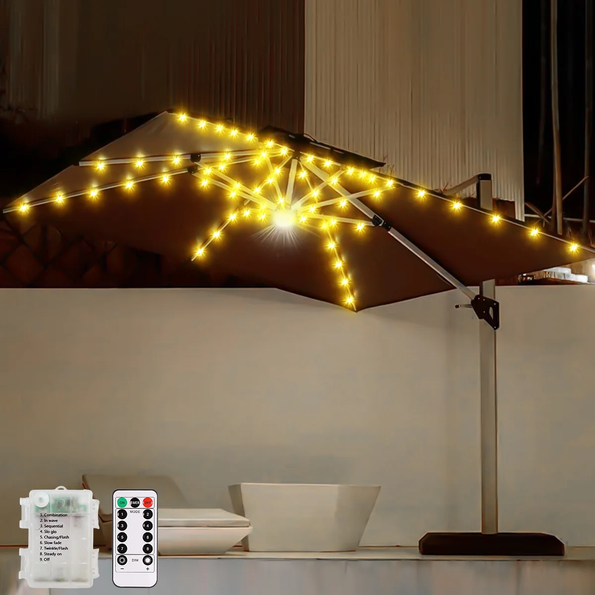 1PC Umbrella Lights, 8 Mode 1.28M/4.2FT 104LED with Remote Control Battery Operated for Patio Umbrella Outdoor Garden Decoration