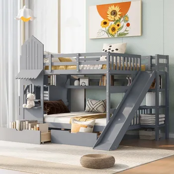 Playhouse Style Bunk Size with Slide and 2 Drawers for Kids Teens, Solid Wood Bunk Bed Frame with Storage Stairs and Shelves 6