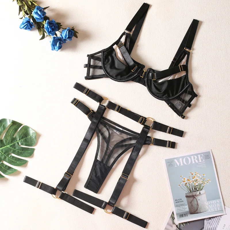 Ellolace Sensual Lingerie 5-Piece Sissy Transparent Bra Lace Thongs Delicate Underwear Exotic Sets With Garters