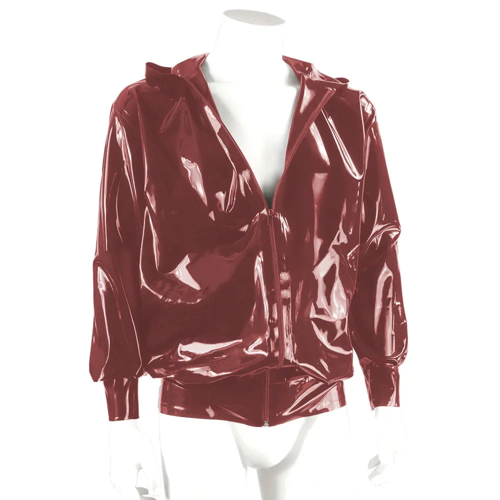 Men's Wetlook Jackets Fashion Hoodies Long Sleeve Zipper Hooded Coats Casual High Street Male Tops Jackets Shiny PVC Clubwear 5