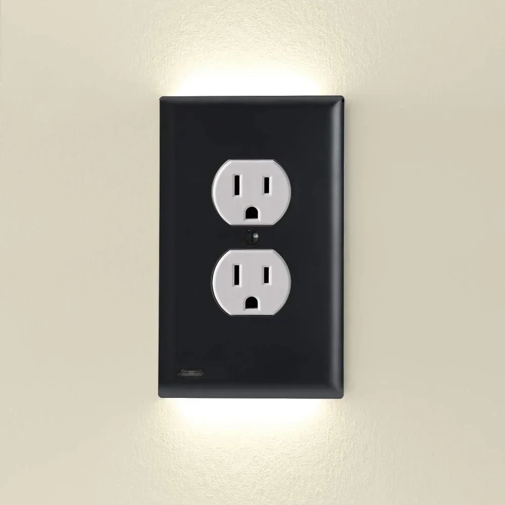 Duplex Electrical Outlet Cover Plugboard Plug-In Electrical Receptacle Wall Plate With LED Night Lights Up and Down- Auto Sensor