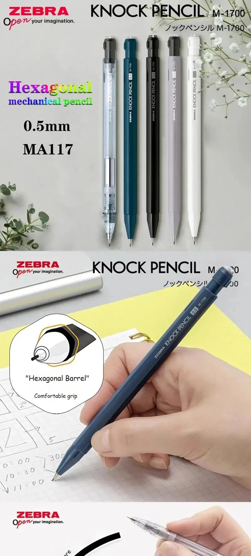 Japanischer ZEBRA Druckbleistift mit herausdrehbarem Stiftminen, niedrigem Schwerpunkt für stabiles Schreiben, 0,5 mm, ausziehbar, mit Gummi, Schulbedarf – Detail 1