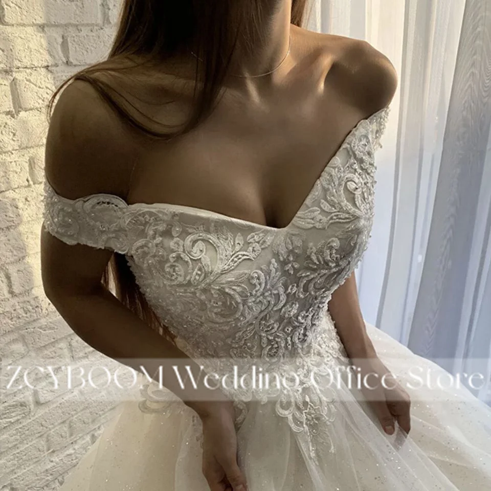 Glitzernder Tüll, weiß, elfenbeinfarben, schulterfreie Brautkleider 2026, Spitzenapplikationen, herzförmiges Ballkleid, Brautkleid, Vestido De Noiva – Detail 6