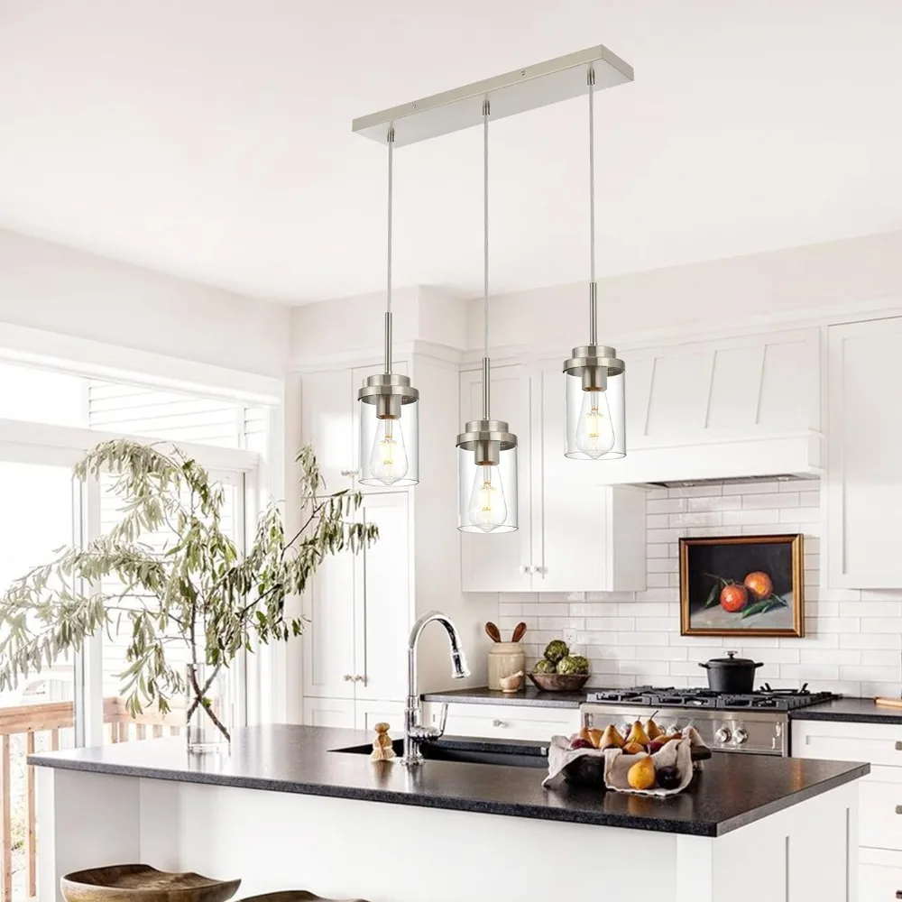 

3-Light Kitchen Hanging Light Fixtures, Brushed Nickel Modern Pendant Lighting with Glass Shade Adjustable Farmhouse Chandelier