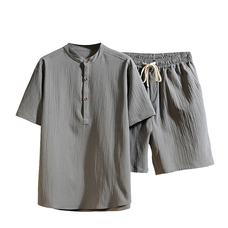 

(Shirt + shorts ) Summer Breathable linen Men's Casual Sets Fashion Loose Top Male Casual Sweatpants Plus Size M-5XL