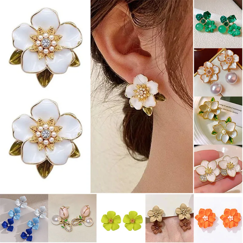 925 Silver Needle Crystal Pearl Leaf Flower Earrings For