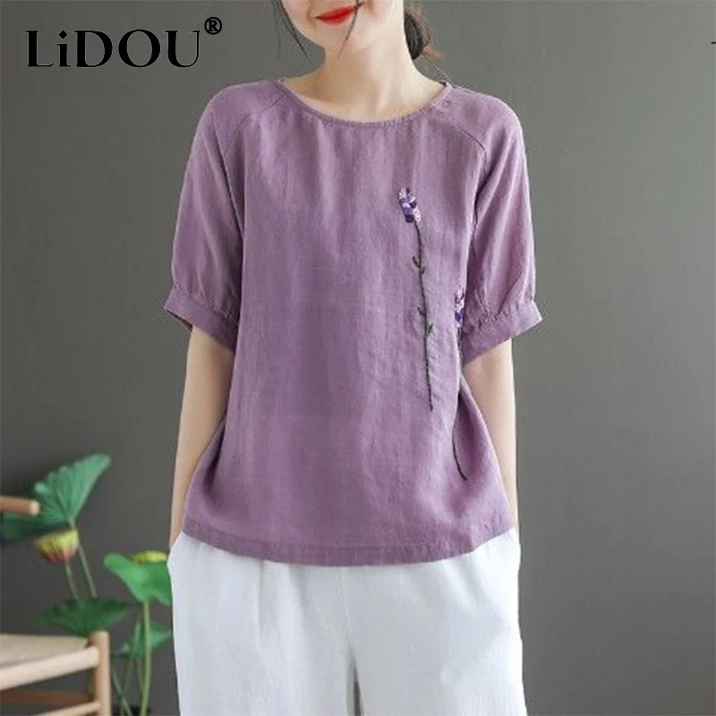 Summer Round Neck Embroidery Loose Casual Blouse Female Literary Vintage Cotton Linen Shirt Ladies Comfortable Fashion Top Women