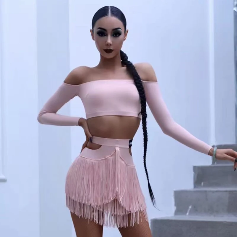 

2023 New Latin Dance Clothes Women Off Shoulder Tops Tassel Skirt Sexy Cha Cha Performance Wear Adult Competition Dress DNV17766
