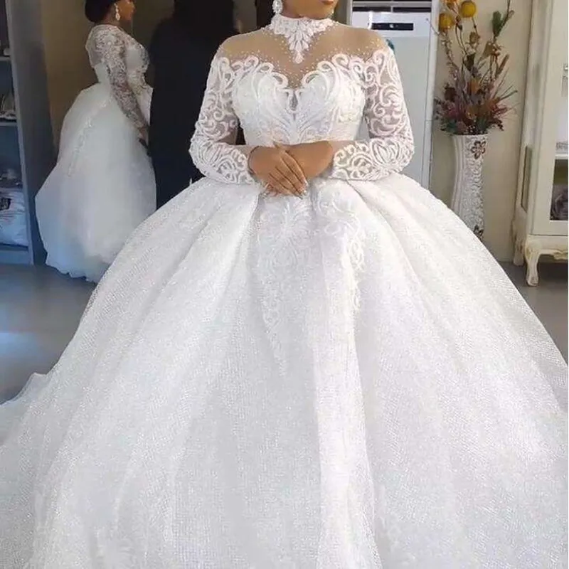 

Modern High Neck Appliques Beads Wedding Dress Robe De Mariee Luxe Luxury Africa Long Sleeves Ballgown Puffy Bridal Gowns