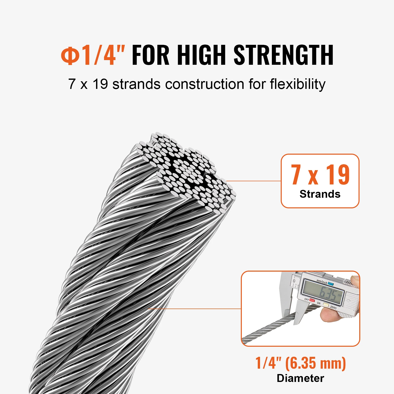 VEVOR 250 ft Wire Cable Rope Stainless Steel 7 x 19 Strands Wire Cable Garden Railing Fence Roll Kits for Outdoor Tent