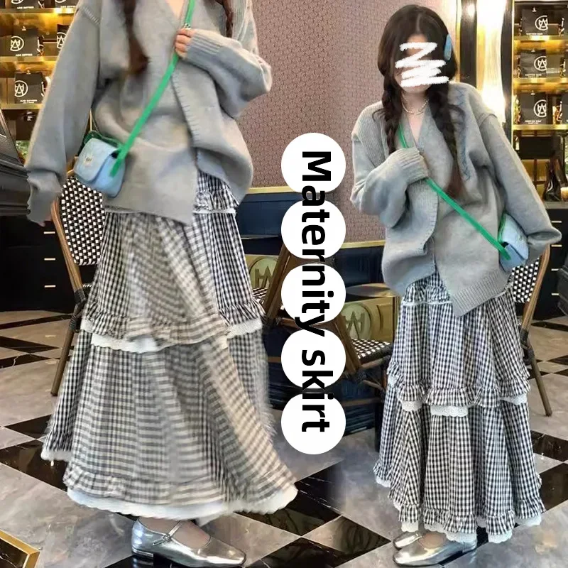 빈티지 격자 무늬 케이크 스커트 임산부 용수철 가을 스타일 우산 프린트, 허리 라인 없음, A 라인 하프 원피스, 공장 주식