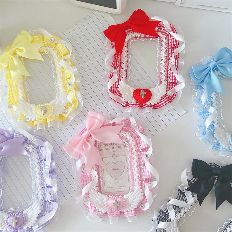 Lace Sleeve Bow Acrylic 3 inch Kpop Photocard Holder DIY Fabric Pendant Angel Wing Sheath Photo Card Holder Bag School Pendant