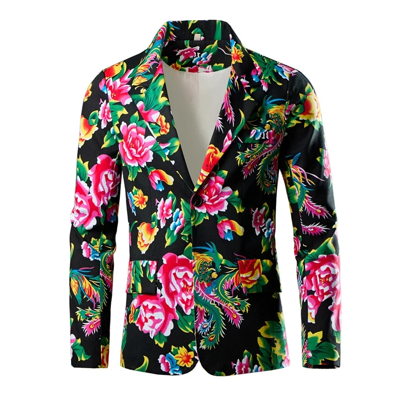 Vintage Chinese Style Men Blazer Suit Dongbei Floral Printed Cotton Blazer Slim Masculino Party Dress Suits for Men Jacket Coats