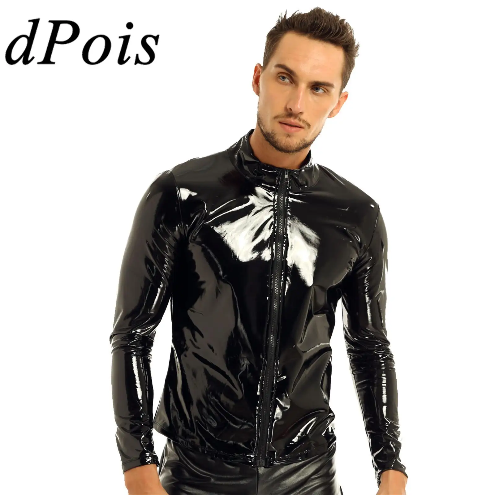 

Men Wet Look Patent Leather Coat Long Sleeve Front-Zip Shiny Metallic Tops Fashion Man's Jackets Moto Biker Nightclub Clubwear