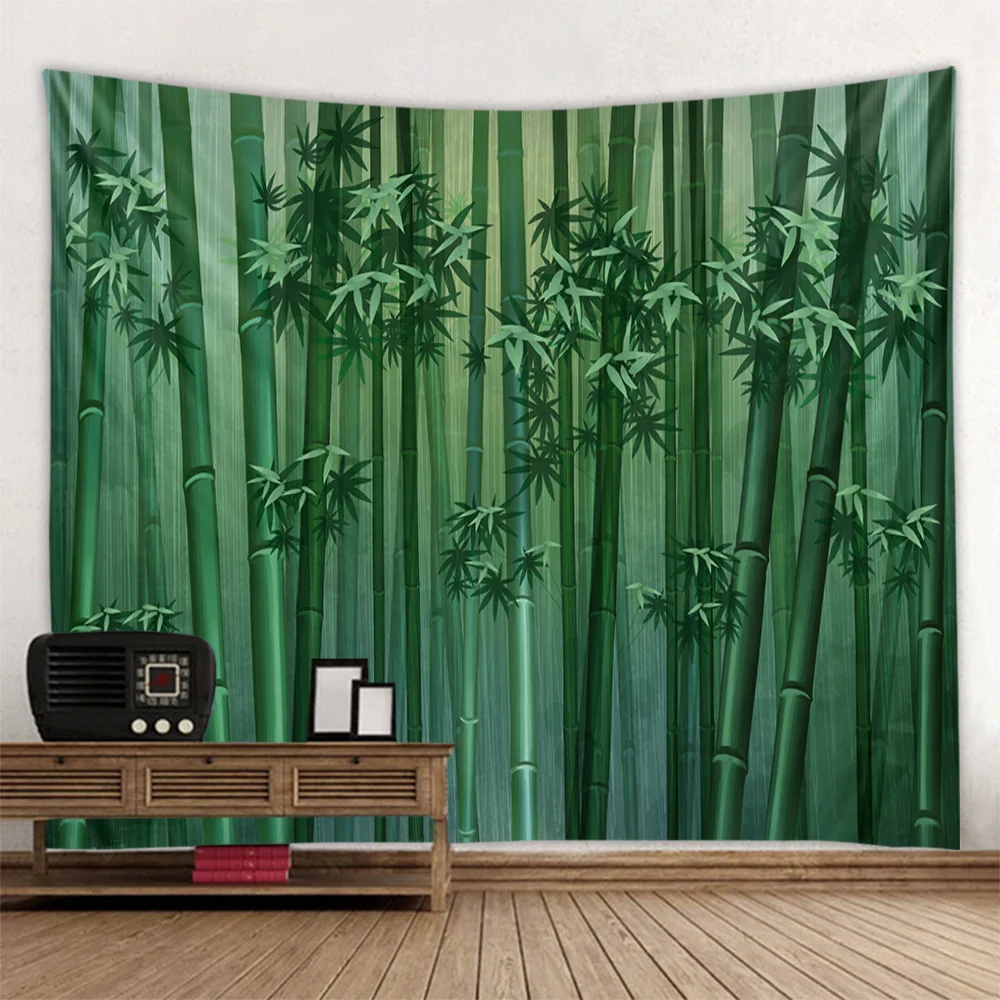 

Green bamboo forest tapestry wall hanging cloth, flower tree wall art decoration, bedroom and living room background cloth